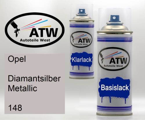 Opel, Diamantsilber Metallic, 148: 400ml Sprühdose + 400ml Klarlack - Set, von ATW Autoteile West.